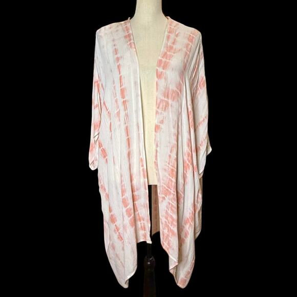 NWT Pink Lily Women’s Kimono Coral Sunset Tie Dye Size M Oversized Boho Coverup - Picture 7 of 8